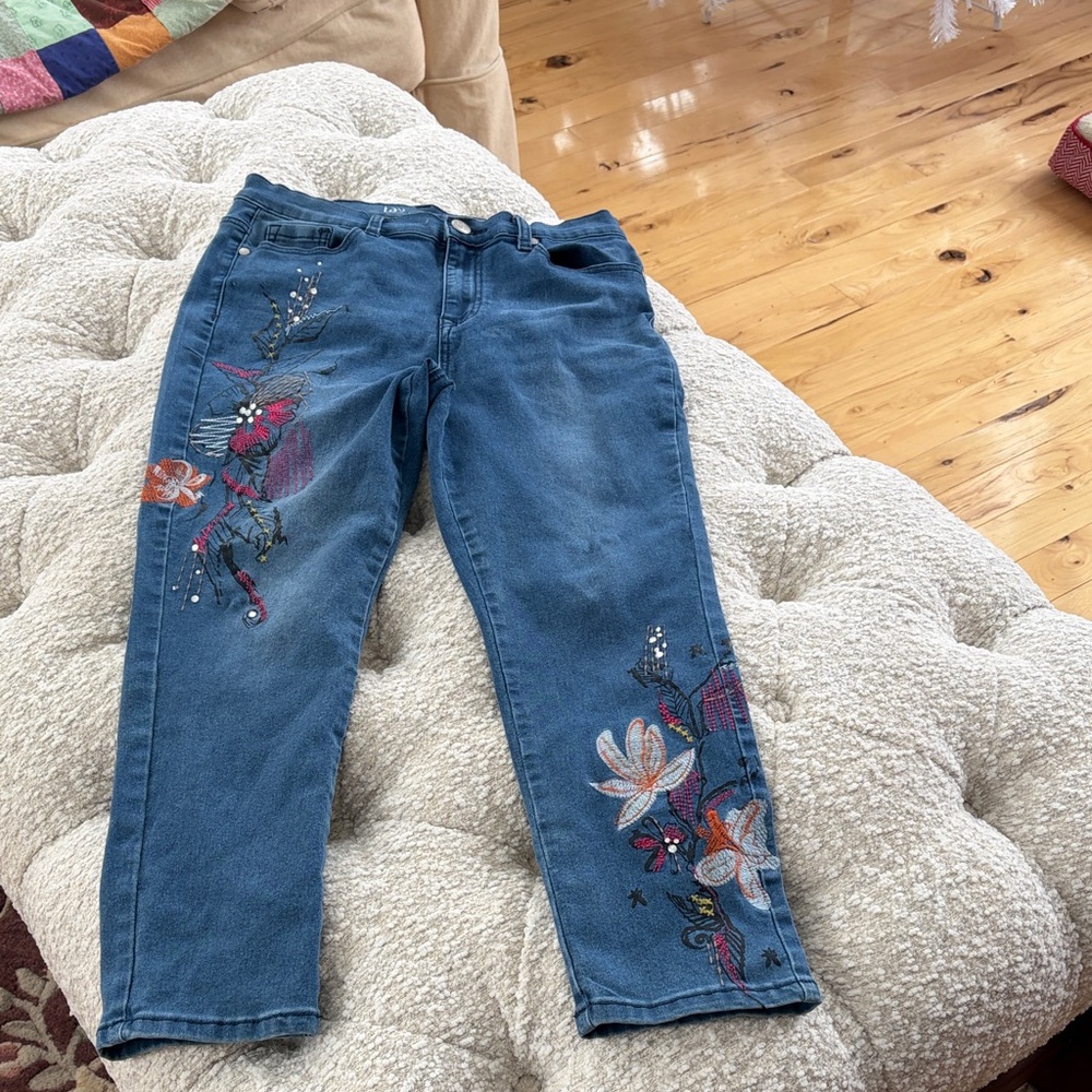DG2 by Diane Gilman Blue Jeans with Floral Embroidery